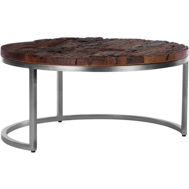 Womo-design - Table Basse Gigogne Ronde Surabaya, ø 70x35 cm, en Bois d'Acacia Massif, Naturel/Finition Nickel, Stable et Robuste, Table de Salon