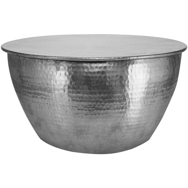 WOMO-DESIGN Table Basse Martelée de Salon - Table d'Appoint Ronde Artisanale Ø 60x30,5 cm - Aluminium Argenté - Design Oriental - Finition Martelée