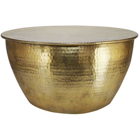 WOMO-DESIGN Table Basse Ronde Ø 59 x 30,5 cm, Dorée, Tambour, Pièce Unique, Fabriquée à la Main en Aluminium, Design Martelé, Table d'Appoint Orientale de Salon Canapé Café, Décoration Intérieure