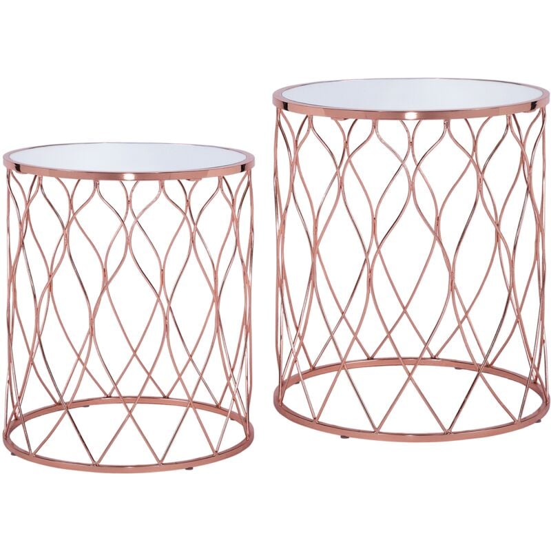 WOMO-DESIGN Set de 2 Table Basse Ronde Gigogne, Ø 40/45 cm, en Cuivre, Plateau en Verre Miroir, Cadre Revêtement Métallique, Table d'Appoint de