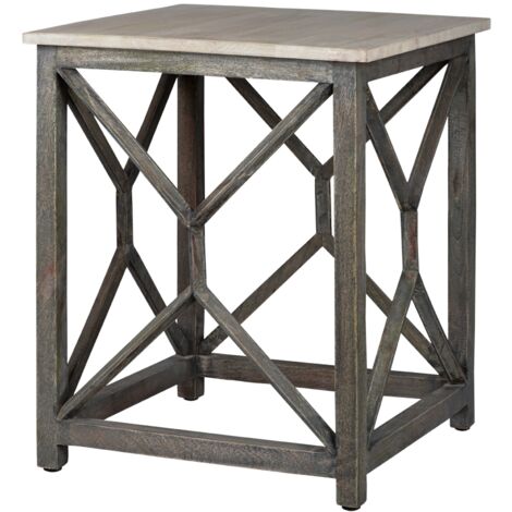 WOMO-DESIGN Tavolino da Caffè Orientale Firenze 45 x 45 x 55 cm Quadrato Colore Grigio in Legno Massello di Mango Intagliato a Mano Design Indiano Tavolo Vintage da Salotto Soggiorno Divano Laterale