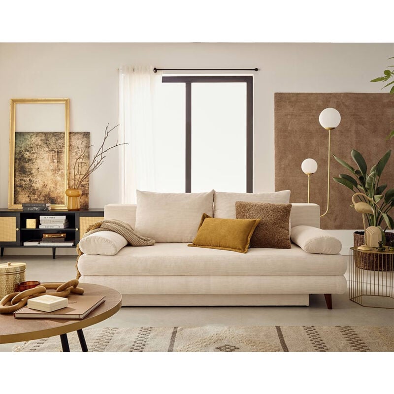 Bestmobilier - Wonder - canapé 3 places convertible avec coffre en velours côtelé - beige