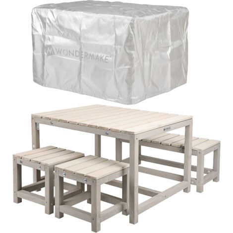 NEEDS&WANTS WONDERMAKE® Design Kindersitzgruppe Outdoor Garten Holz mit Abdeckung, Kinder-Sitzgarnitur Indoor Picknick-Gruppe ab 3 Jahre, beige grau