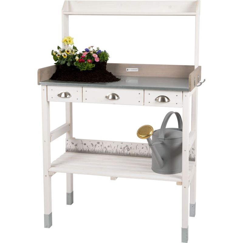 Grand Table de rempotage Jardinage Plantation en Bois avec 3 tiroirs, résistant aux intempéries, Grand Plan de Travail pour l'extérieur ou Le Balcon, 85 x 45 x 130 cm xl, Blanc Gris - Wondermake