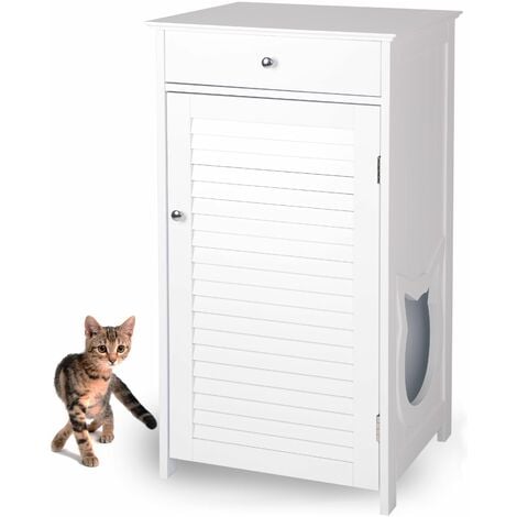 WONDERMAKE Katzenschrank für Katzentoilette groß hoch aus Holz, Katzenklo-Schrank Katzen-Kommode mit Schublade und Tür geschlossen, Design Katzen-Haus Toilette Klo XL, 51 x 46 x 96 cm, weiß