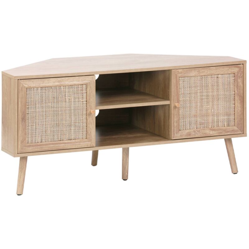 Sweeek Wood And Cane Decor Corner Tv Unit, 2 Doors, 1 Shelf, 115cm