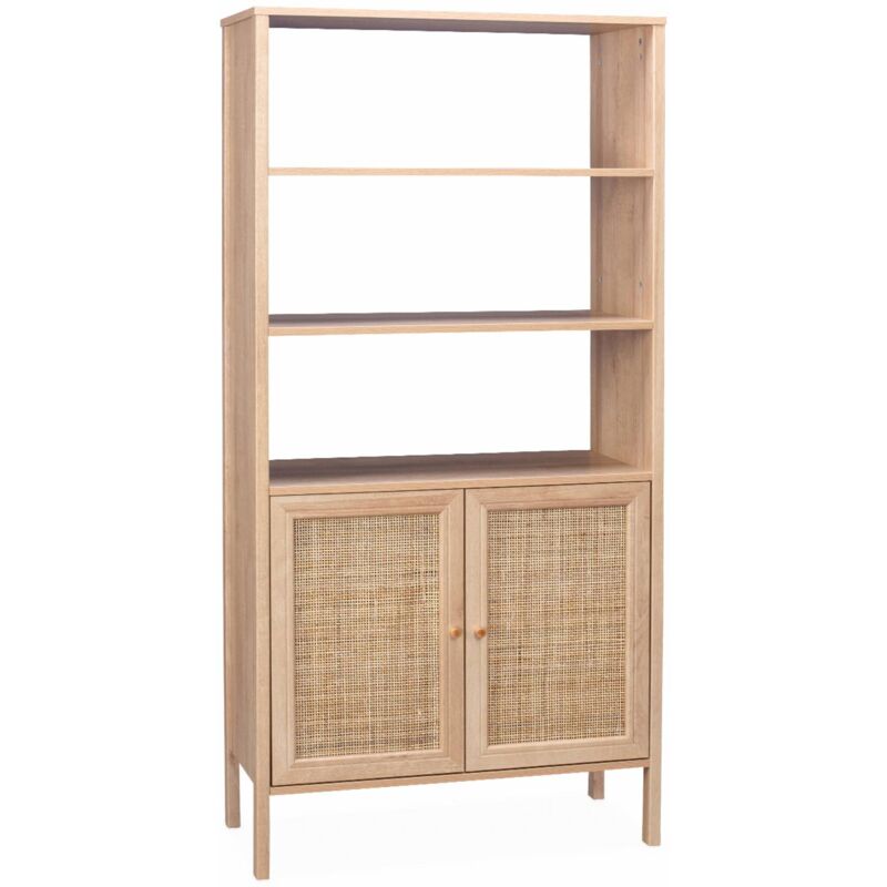 Sweeek - Wood And Cane Effect Bookshelf, 4 Levels, Boheme, Natural, 46x39.5x55 Cm