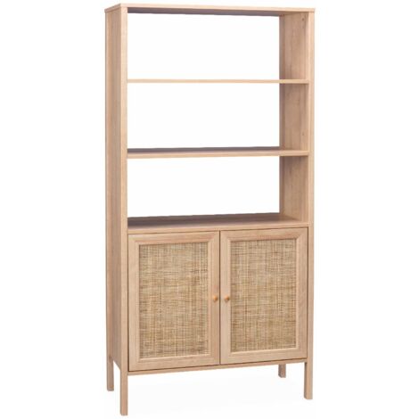 Wood and cane effect bookshelf, 4 levels, Boheme, Natural, 46x39.5x55 cm