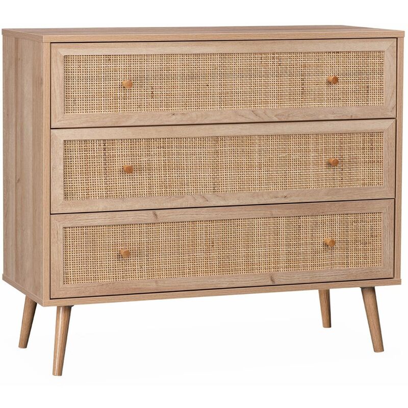 Wood and cane rattan detail 3-drawer chest, 90x39x79cm - Boheme - Natural Wood colour - Natural