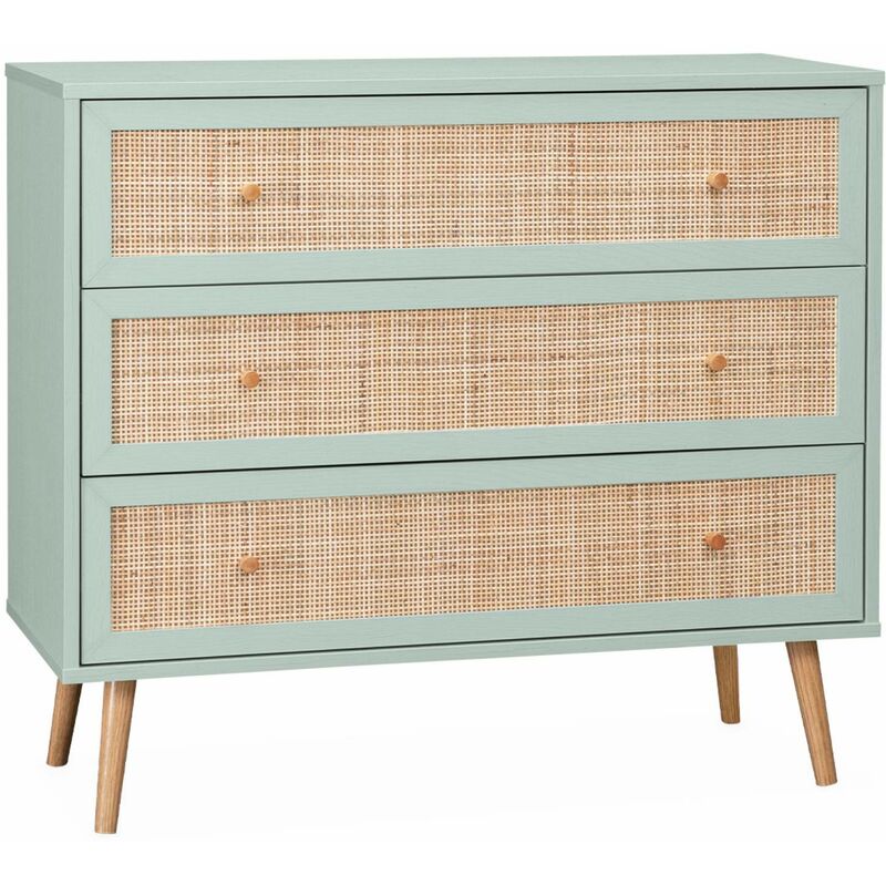 Wood and cane rattan detail 3-drawer chest, 90x39x79cm - Boheme - Pastel Green - Celadon Green