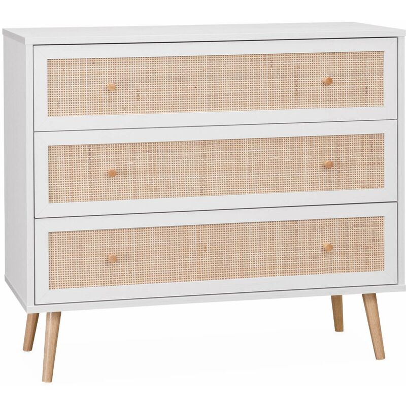 Wood and cane rattan detail 3-drawer chest, 90x39x79cm - Boheme - White - White