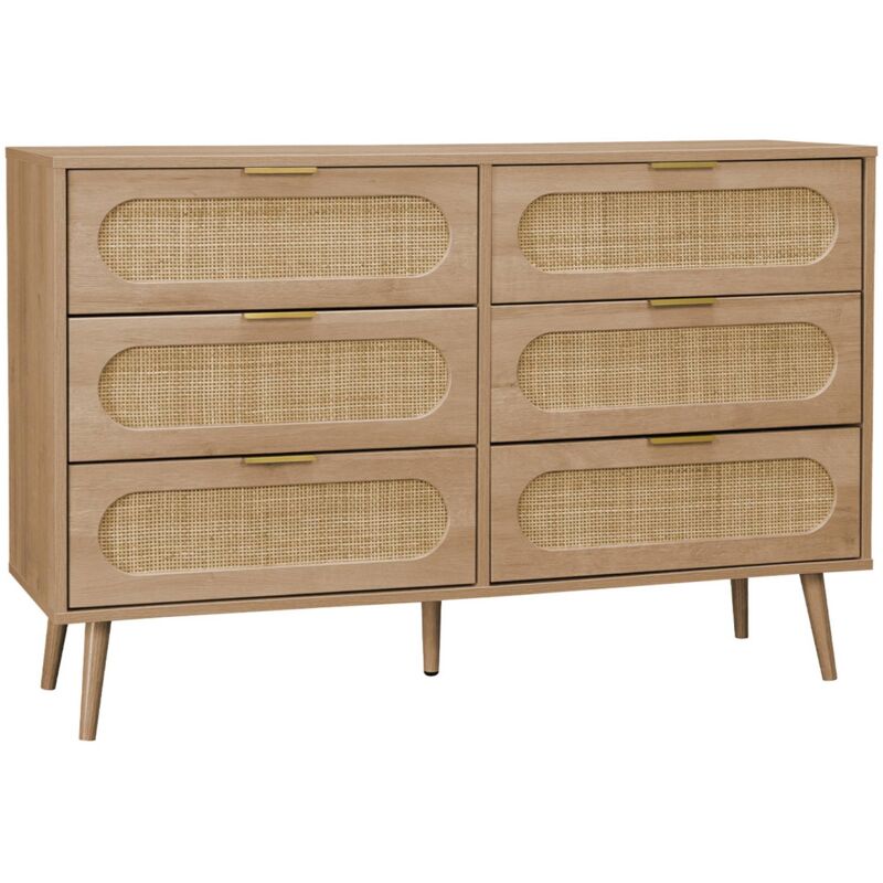 Sweeek - Wood And Rounded Cane Chest Of Drawers, 6 Drawers, Eva, Natural, 120x39x79 Cm
