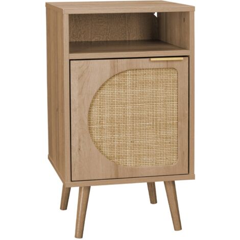 Wood and rounded cane rattan bedside table, Eva, Natural, 40x39x70 cm