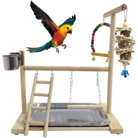 Wood Bird Playground Parrot Playstand with Feeder Cups Ladder Versatile Exercise Swing Toys for Parakeet Conure Cockatiel Cage Accessories