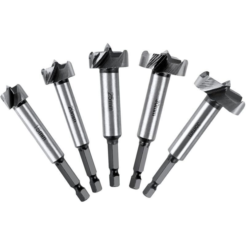 Wood Drill Bits Set of 5 Wood Shaping Mills with Hexagonal Handle Adjustable Positioning HSS Carbide Hole Saw for Solid Wood, Cork, Splint, Plywood