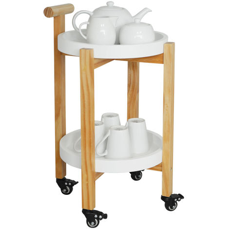 Wood Drinks / Tea Trolley Table with 2 Removable Trays - White / Natural - Natural / White