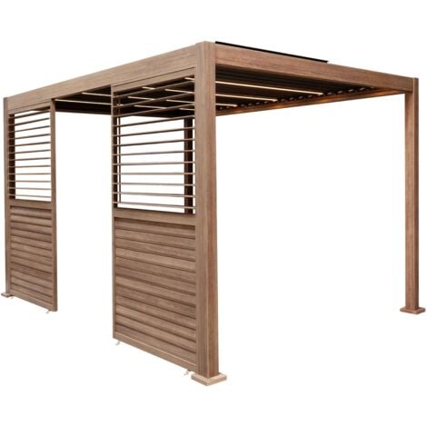 Wood Effect Aluminium Pergola With LED Lights & 2 x Side Panels -