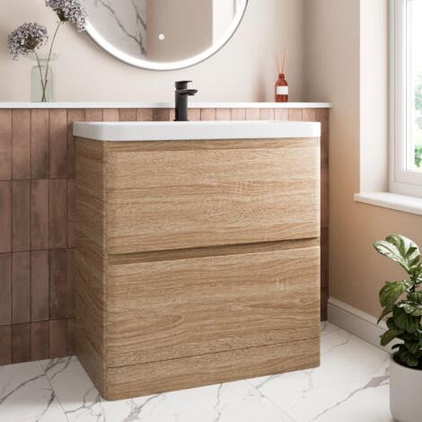 Bathroom Oak Wall Hung Vanity Unit and Basin Sink Cabinet Storage 600mm ...