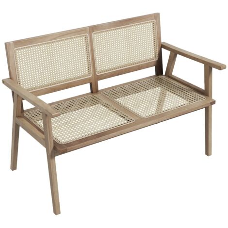 Wood Garden Bench 2-Person Patio Lounger Loveseat With Rattan Backrest & Seat