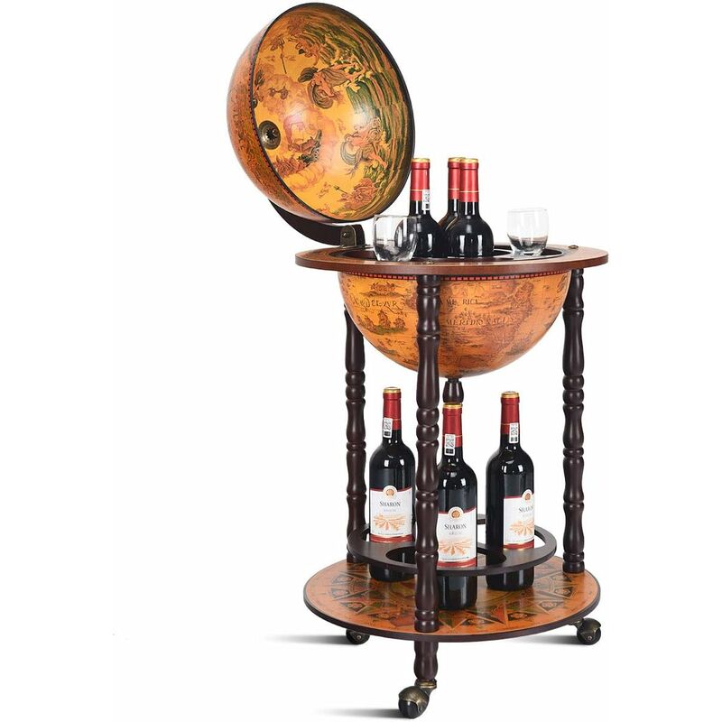 Costway - 360MM Globe Drink Cabinet Bar Wine Italian Beverage Bottle Stand, Wooden Mini Bar Cart (Brown)