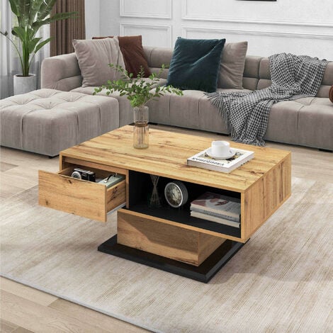 ABRIHOME Wood Grain Coffee Table, with a Handleless Drawer, Rear Storage Compartment, Double-sided Storage， Office, Living Room Sofa Table, Large Storage Space