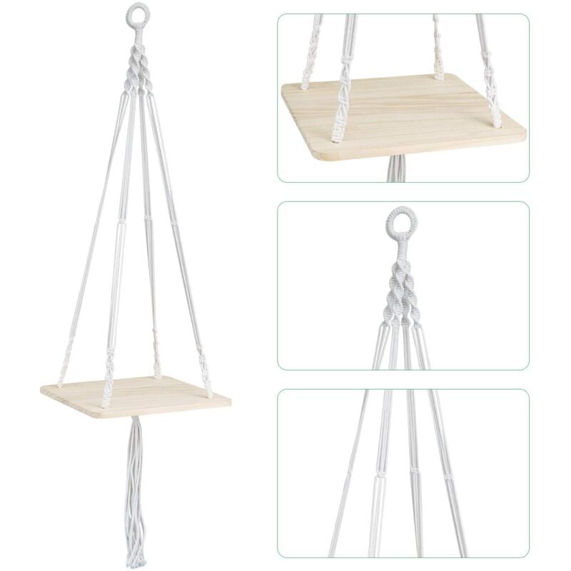 Wood Hanging Shelf Suspension Plante Macramé Porte Suspendre Support de Pot de Fleurs Flower Pot Holder Boho pour Plantes Hanger d'intérieur