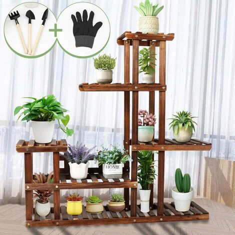 Wood Plant Stand Indoor Outdoor Plant Shelf Multi Tier Flower Stand, Plant Display Rack Holder with 3 Gardening Tools and Gloves for Garden Yard Patio Living Room Balcony(11-13 Flowerpots)