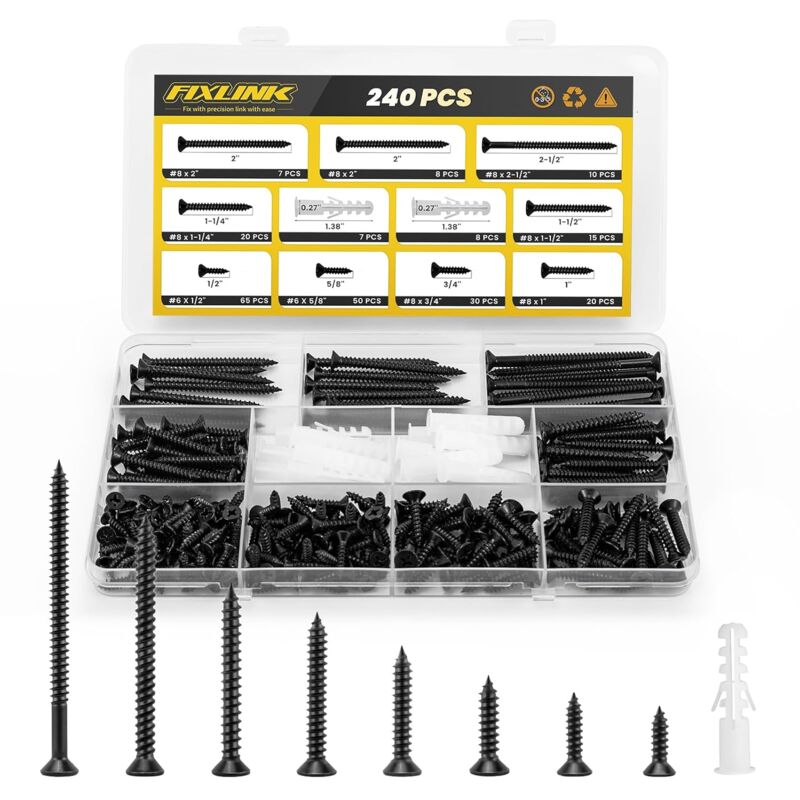 Wood Screws Assortment Kit, FIXLINK 240 PCS High Hardness Flat Head Wood Screws Set, Phillips Drive Assorted Screws, Contain 15PC Anchors and 8 Size