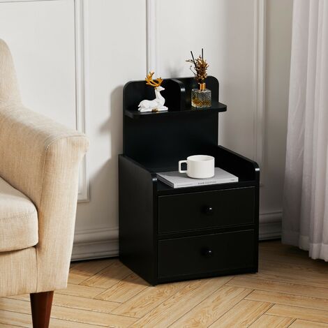 Wood Storage Nightstand Shelf with 2 Drawers, Black