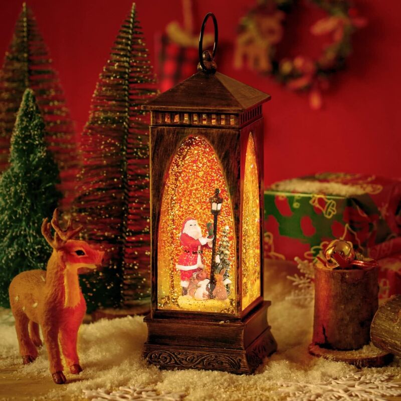 Lanterne Boule à Neige Musicale de Noël, Alimenté par Piles et Plug usb Lanterne à Eau de Noël Père Noël Decoration Illuminée Style Lanterne Boule à