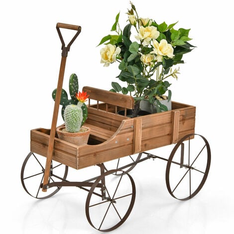 main image of "Wood Wagon Flower Planter Outdoor Decorative Pot Stand W/ Wheels & 2 Sections"