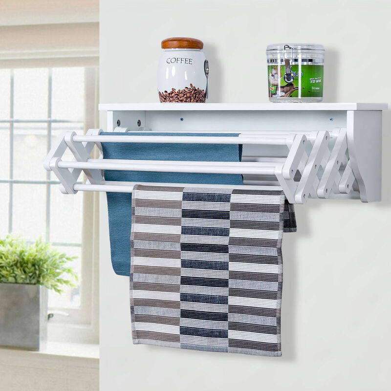 Wood Wall Mount Towel Hanging Laundry Rack Folding Scalable Clothes Dry Shelf Uk