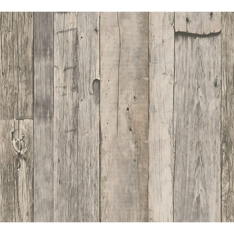 Profhome - Wood Wallpaper Wall 959312 Non-woven Wallpaper Smooth Country Style Matt Grey White Beige 5.33 M2 (57 Ft2)