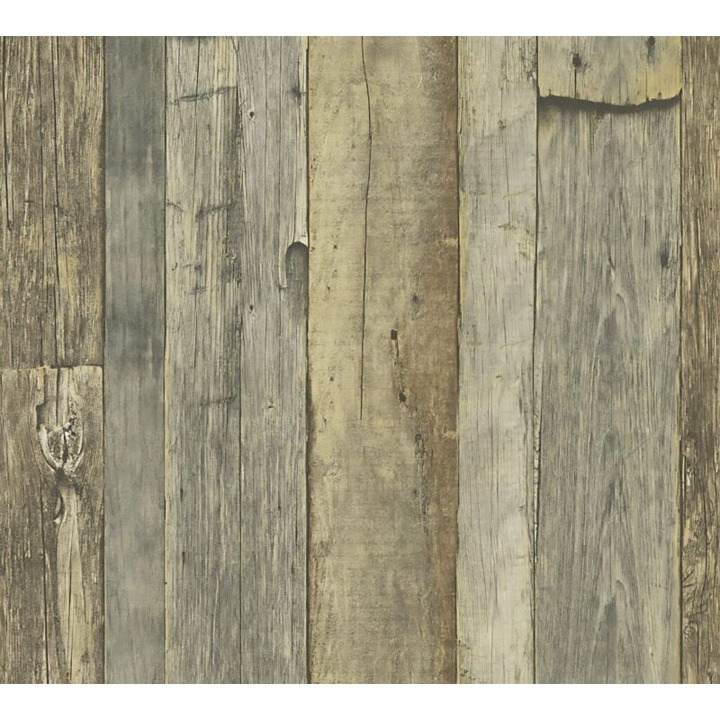 Profhome - Wood Wallpaper Wall 959313 Non-woven Wallpaper Smooth Country Style Matt Grey White Beige 5.33 M2 (57 Ft2)