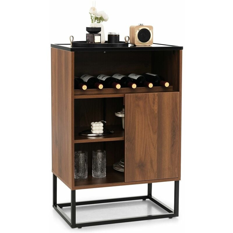 Costway - Wood Wine Cabinet Rack Kitchen Storage Cabinet w/ Adjustable Shelf &Sliding Door