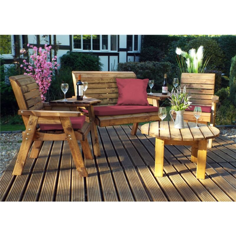 Wooden 4 Seater Round Table Set With 1 X Bench Cushion Burgundy, 2 X Chair Cushion Burgundy & 1 X Scatter Cushion Burgundy