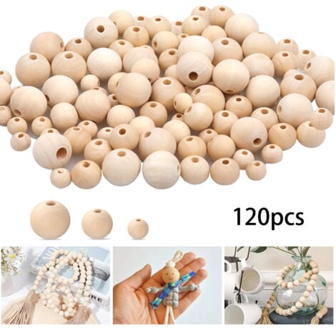 Wooden Beads, 120 Pcs Natural Unfinished Round Beads for Handmade Wreaths, Home Decor, Jewelry Making, DIY (10/14/18mm)
