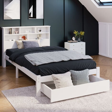 MODERNLUXE Wooden Bed 3FT Single Bed with Shelves and Drawer, Single bed with storage 90x190 cm