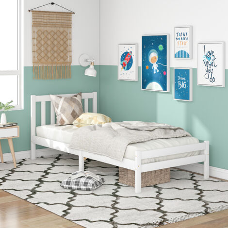 Wooden Bed Frame, Single Bed 3ft Solid Wooden Bed Frame, Bedroom Furniture for Adults, Kids, Teenagers, 90 x 190 cm (White)