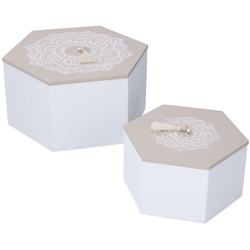 Image of Wooden box 1-2 white mandala hexagon 19,5x19,5h10,5 cm