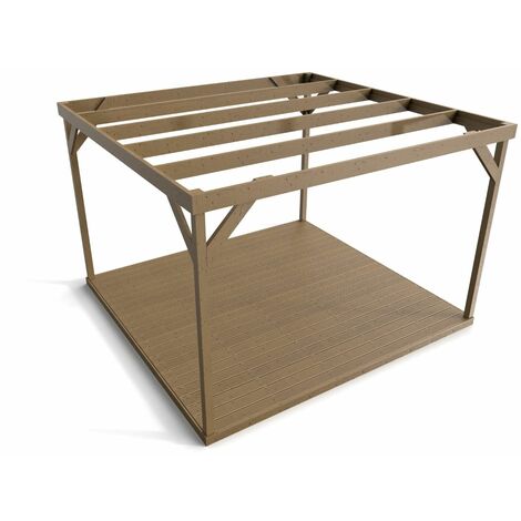 Wooden box pergola and decking, complete DIY kit (2.4m x 2.4m, Rustic brown finish)