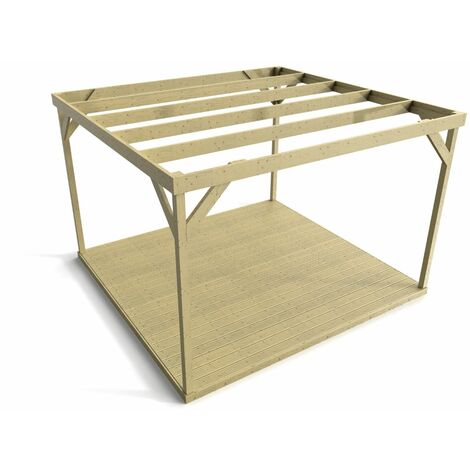 Wooden box pergola and decking, complete DIY kit (3m x 3m, Light green (natural) finish)