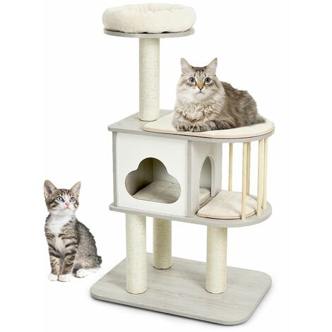 Wooden Cat Tower 4-Tier Cat Tree Climbing Play Center w/ Scratching Sisal Posts