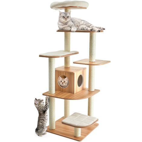 Wooden Cat Tower Large Modern Cat Tree Tower Multi-level Cat Play Center Indoor