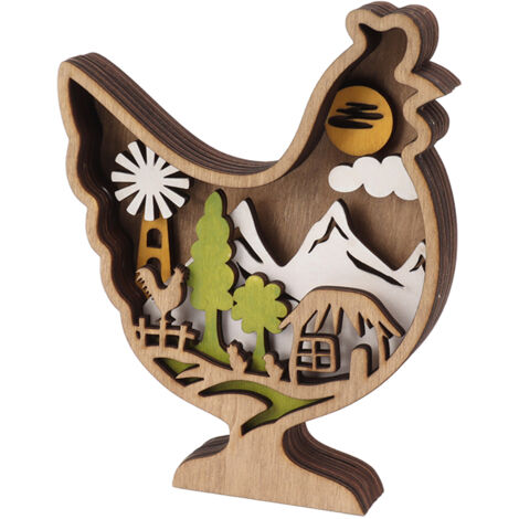Wooden Chicken Carved Ornament Mountain Scene Colorful Exquisite Home Decoration Model