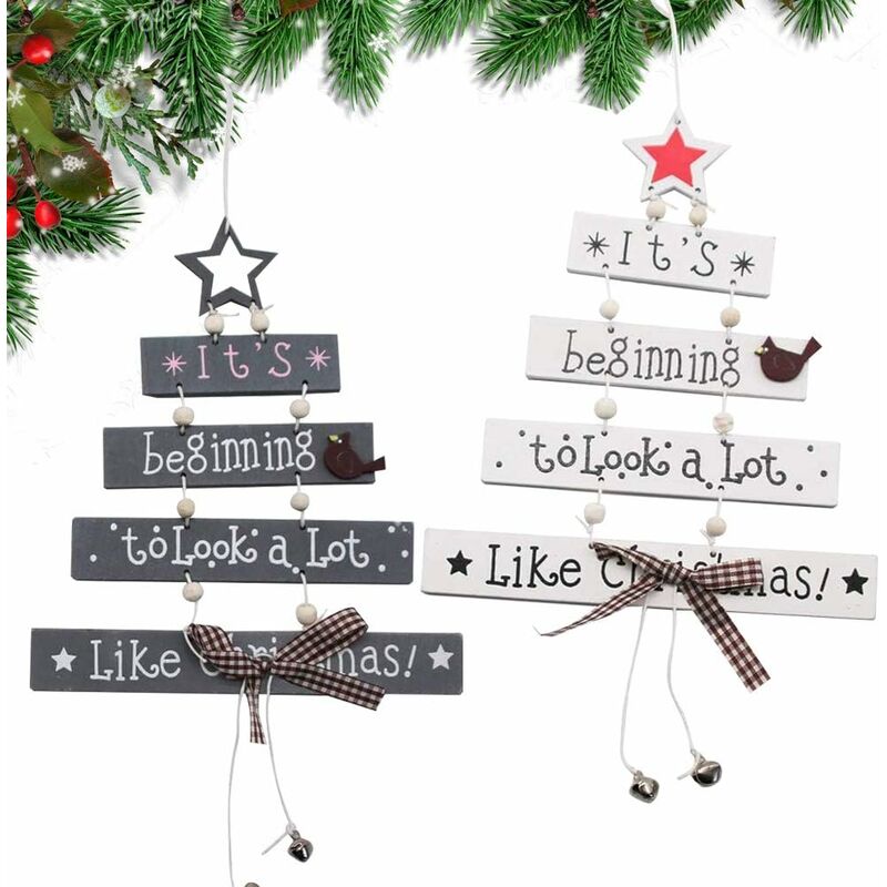 Langray - Wooden Christmas Decorations, 2 Pcs Wooden Christmas Tree Ornaments Window Door Kitchen Wall Dress Up, Creative Wood Card Hanging Pendant