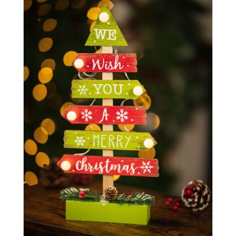 Wooden Christmas Tree Decoration Pre-Lit LED Xmas Ornament Centrepiece Green