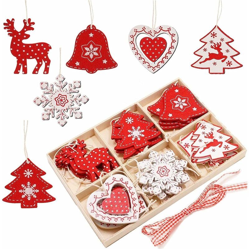 Wooden Christmas Tree Ornaments Set, 24 Pcs 2.0'' Wooden Christmas Tree Ornament Decoration diy Crafts with Wooden Storage Box Hiasdfls