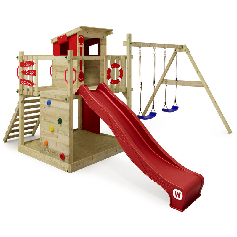 wickey Wooden Climbing Frame Smart Camp With Swing Set And Slide, Playhouse On Stilts For Kids With Sandpit, Climbing Ladder & Play-accessories - Red -