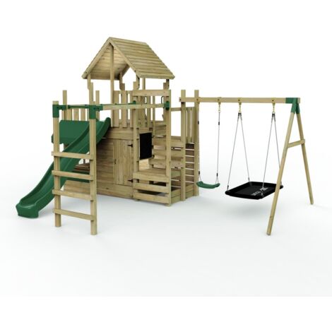 Wooden Climbing Frame with Double Swing, Monkey Bars, Secret Den and Slide
